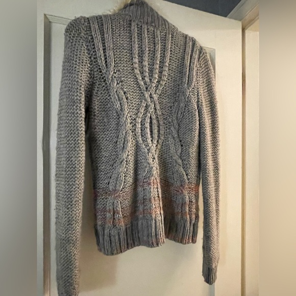 Free People Cable Knit Sweater Heather Gray with Beige Wool fringe - Medium - Picture 3 of 5